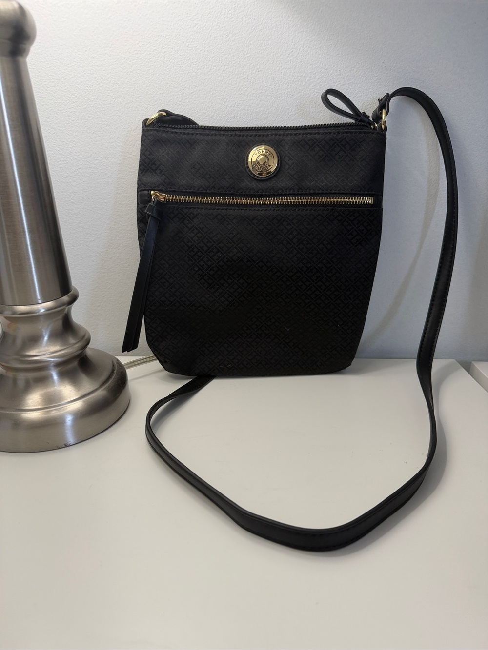 Tommy Hilfiger Black Crossbody with Gold Accent Medallion